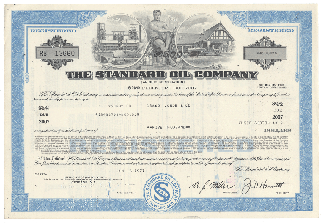 A vintage bond certificate for The Standard Oil Company from 1977