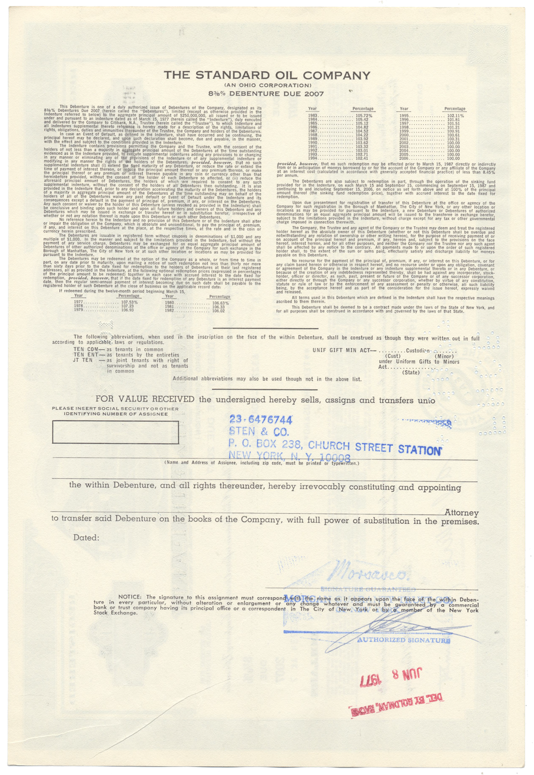 Standard Oil Company Bond Certificate