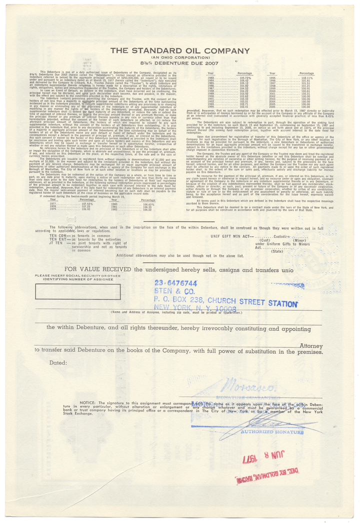 Standard Oil Company Bond Certificate