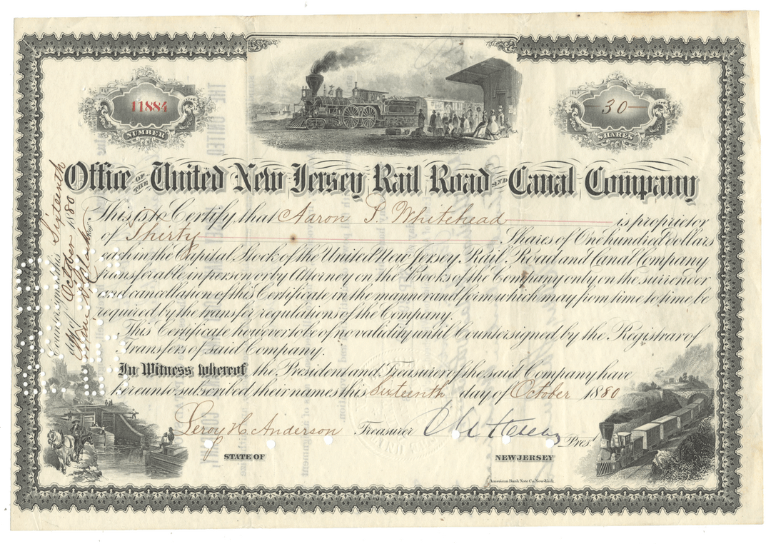 Historical stock certificate for the United New Jersey Rail Road and Canal Company with train illustrations dating back to 1880