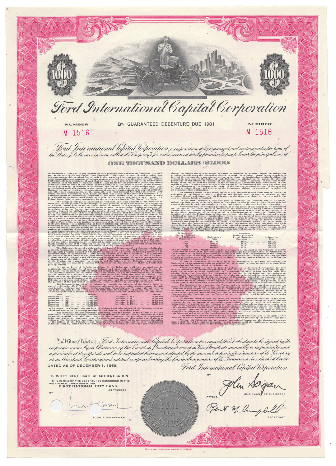 Vintage bond certificate from Ford International Capital Corporation from 1969