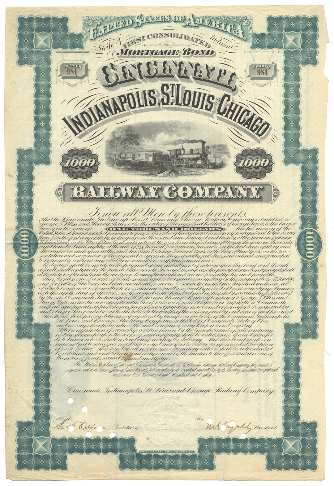 Cincinnati, Indianapolis, St. Louis and Chicago Railway Company bond certificate from 1888 Signed by Melville Ingalls