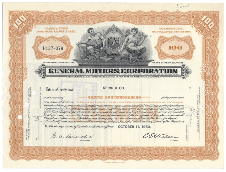 Vintage stock certificate of General Motors Corporation from 1950