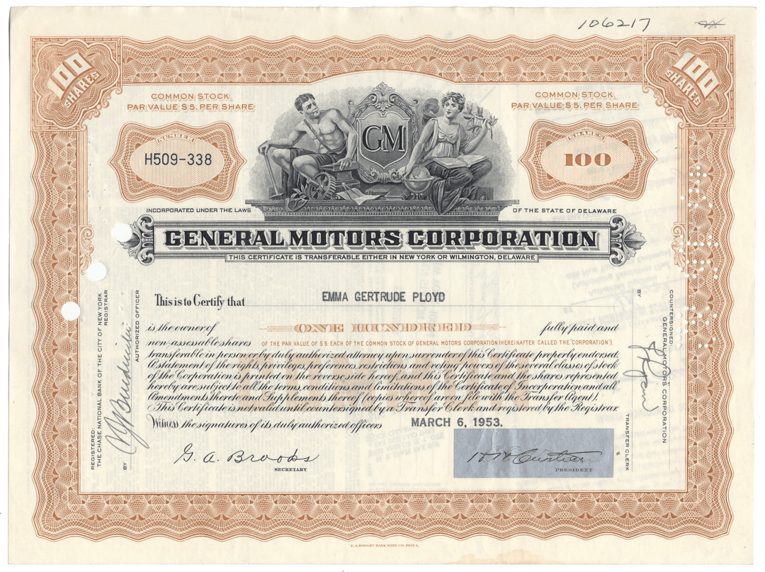Vintage stock certificate of General Motors Corporation from 1953