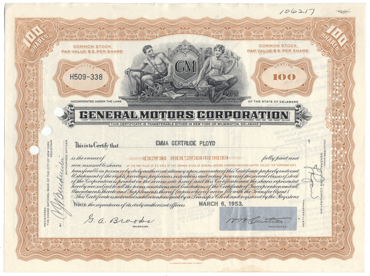 Vintage stock certificate of General Motors Corporation from 1953