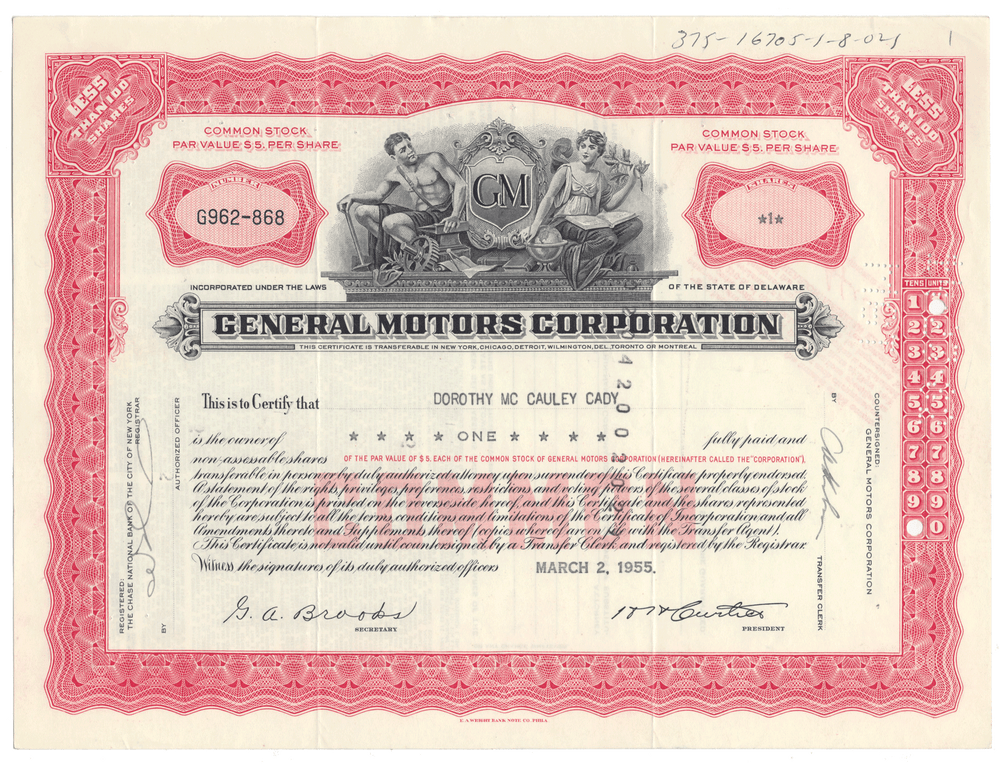 Vintage stock certificate for General Motors Corporation with red and black design.