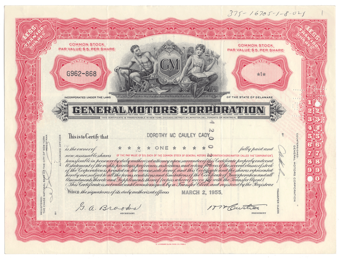 Vintage stock certificate for General Motors Corporation with red and black design.