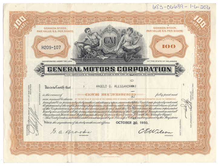 General Motors Corporation stock certificate from 1950