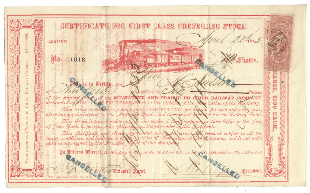 Milwaukee and Prairie du Chien Railway Company Stock Certificate