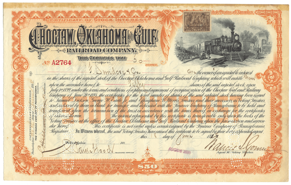 Vintage stock certificate for Choctaw, Oklahoma & Gulf Railroad Company with a steam locomotive illustration.