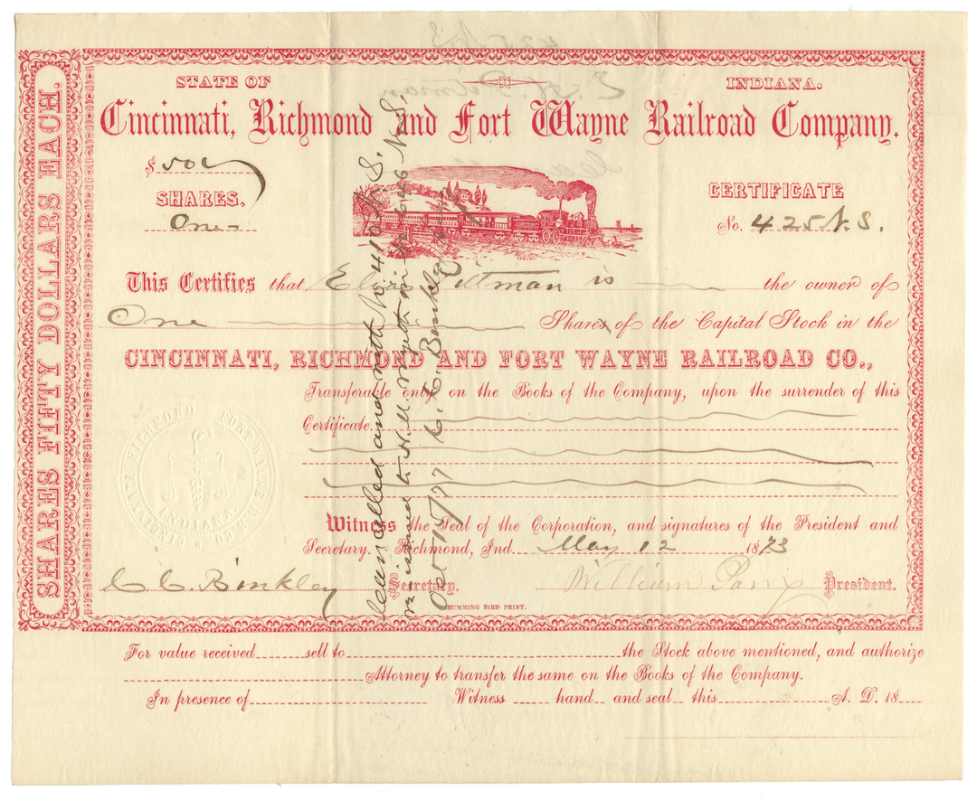 Vintage stock certificate for the Cincinnati, Richmond and Fort Wayne Railroad Company from 1873
