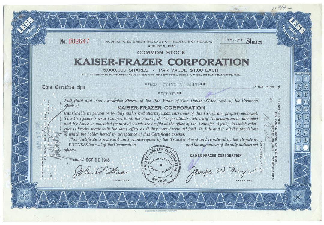 Kaiser-Frazer Corporation Stock Certificate