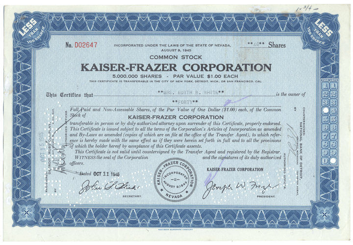 Kaiser-Frazer Corporation Stock Certificate