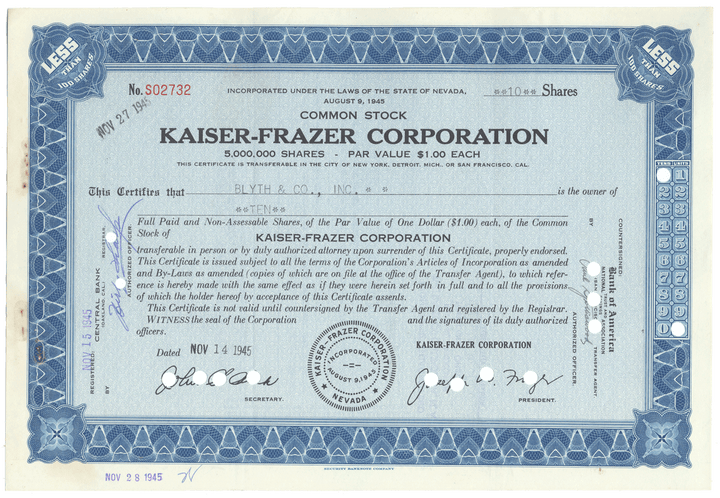 Kaiser-Frazer Corporation stock certificate with blue border and text