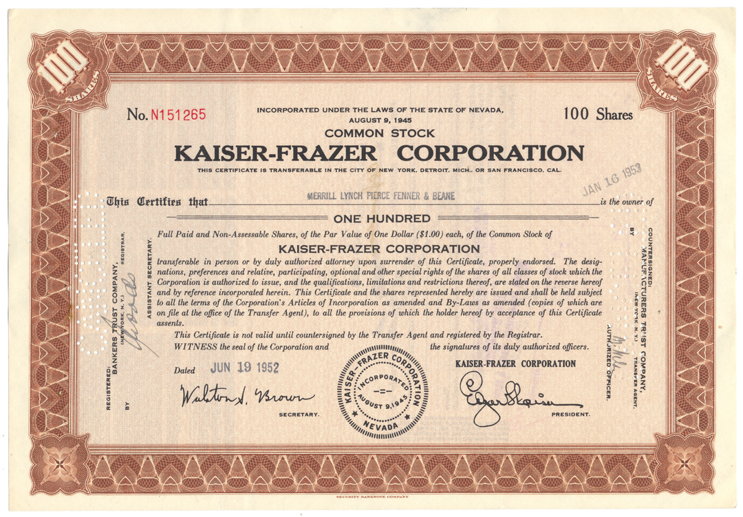 Kaiser-Frazer Corporation Stock Certificate