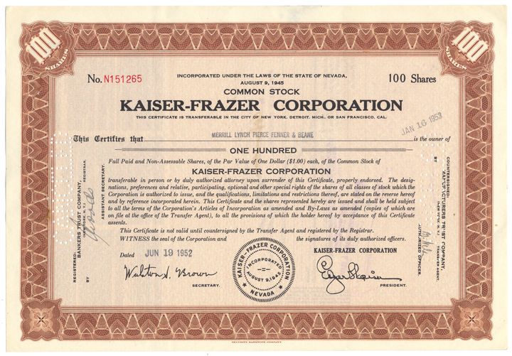 Kaiser-Frazer Corporation Stock Certificate