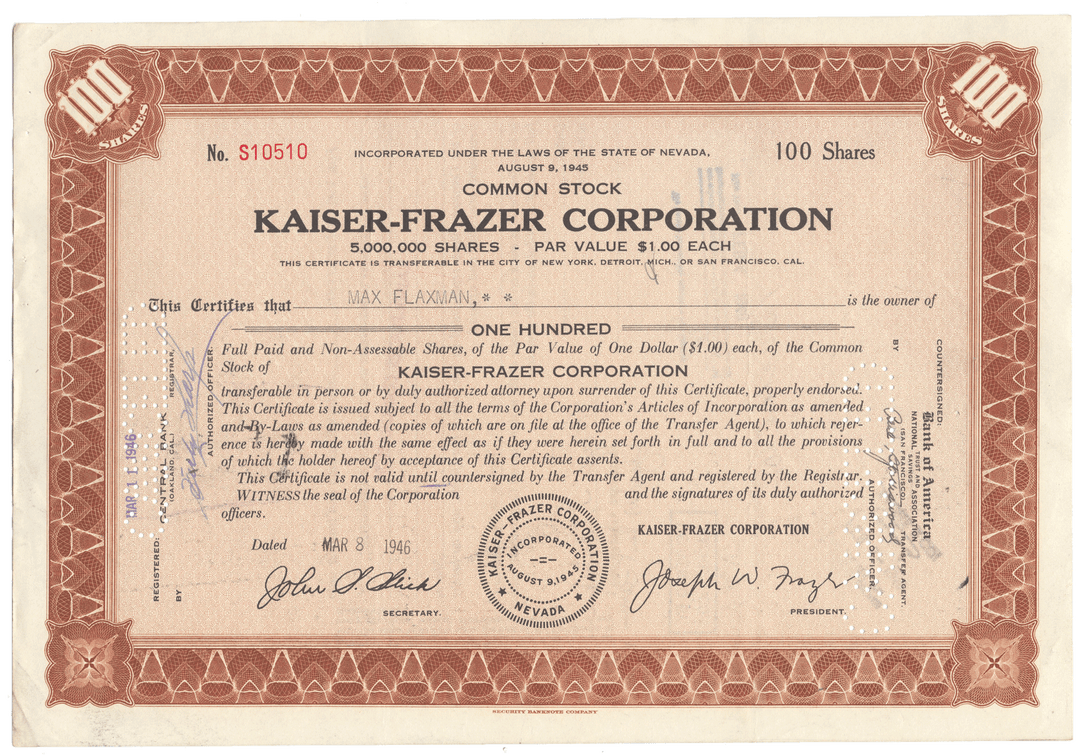 Kaiser-Frazer Corporation Stock Certificate