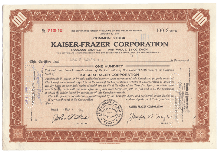 Kaiser-Frazer Corporation Stock Certificate