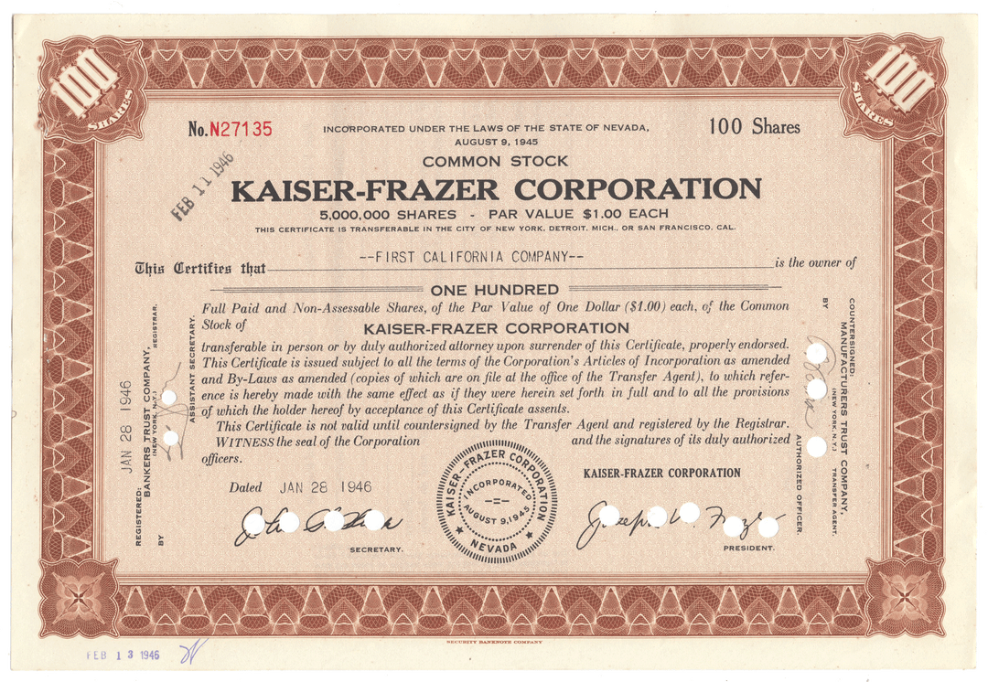 Kaiser-Frazer Corporation Stock Certificate