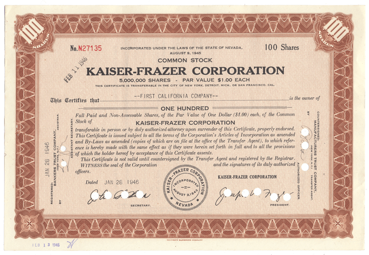 Kaiser-Frazer Corporation Stock Certificate