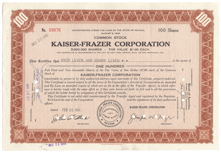Kaiser-Frazer Corporation Stock Certificate