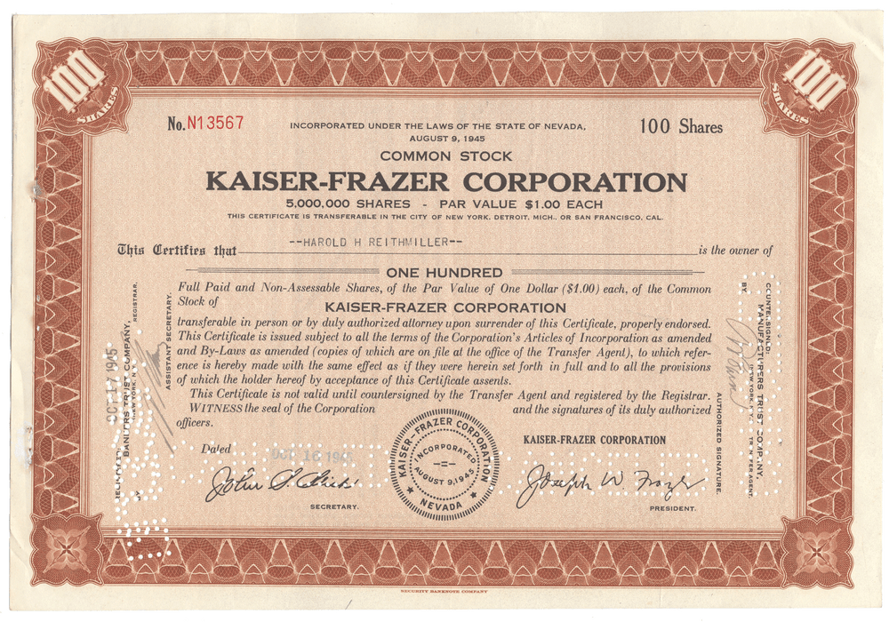Kaiser-Frazer Corporation stock certificate