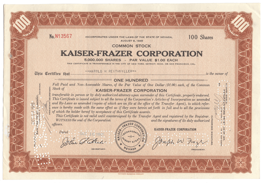 Kaiser-Frazer Corporation stock certificate