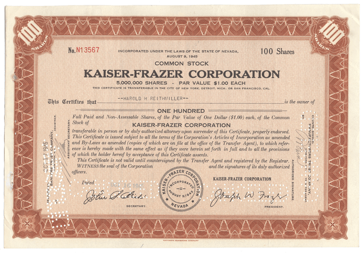 Kaiser-Frazer Corporation stock certificate