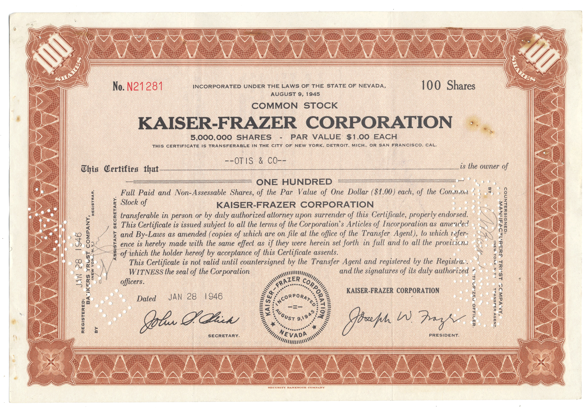 Kaiser-Frazer Corporation Stock Certificate