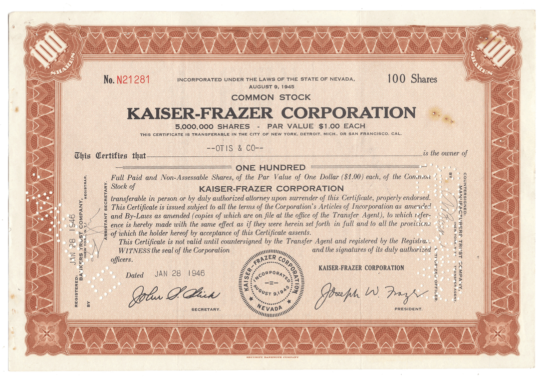 Kaiser-Frazer Corporation Stock Certificate