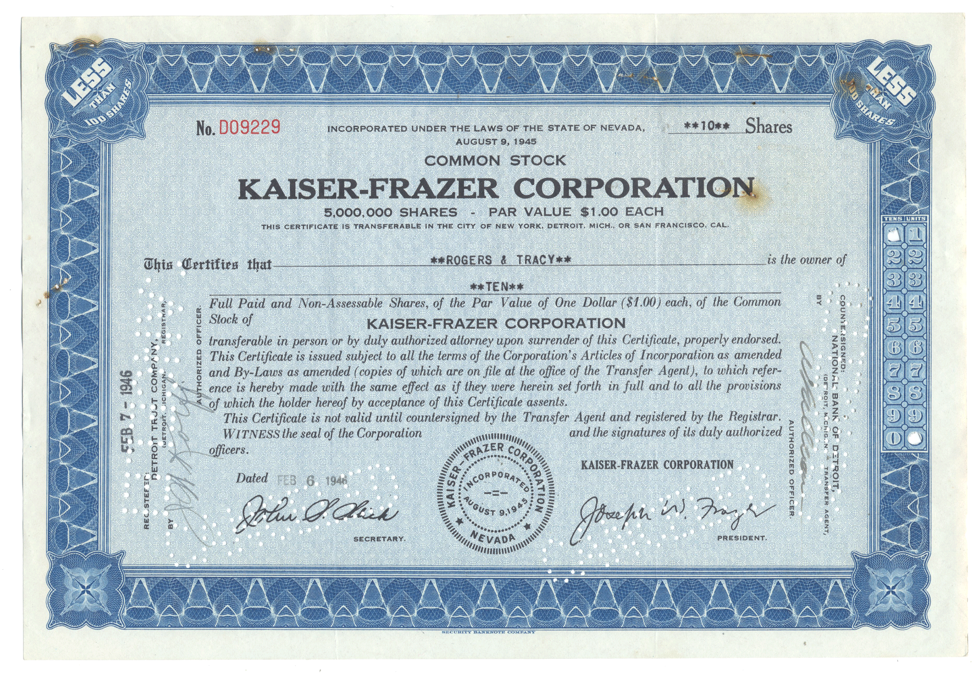 Kaiser-Frazer Corporation stock certificate from 1946