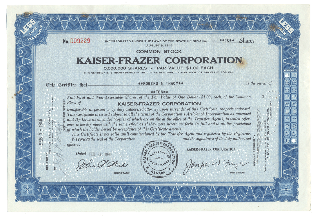 Kaiser-Frazer Corporation stock certificate from 1946