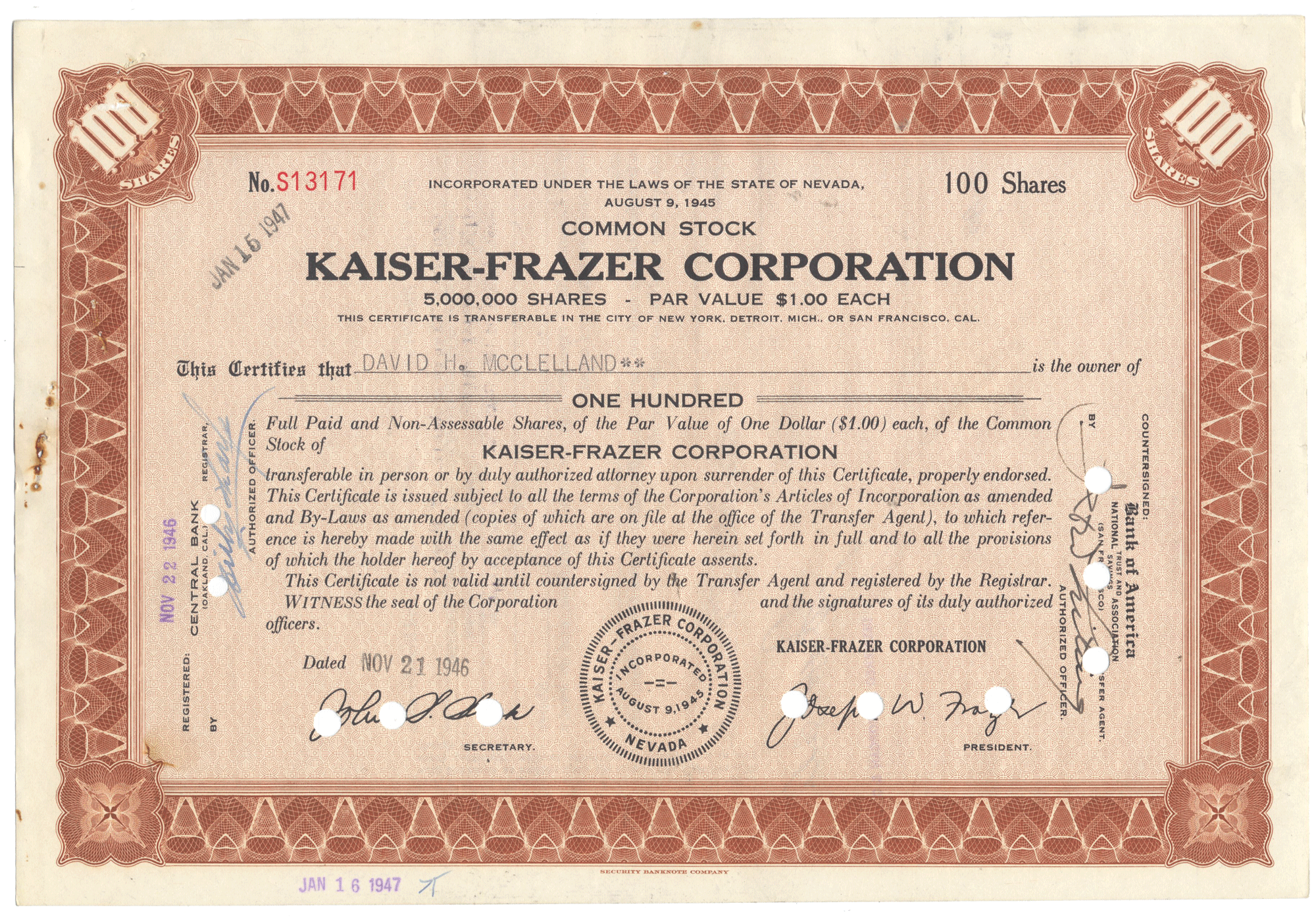 Kaiser-Frazer Corporation stock certificate