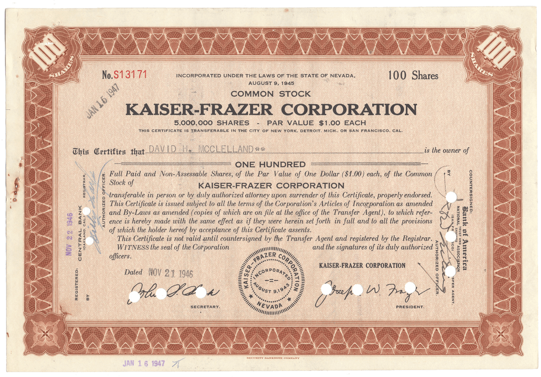 Kaiser-Frazer Corporation stock certificate