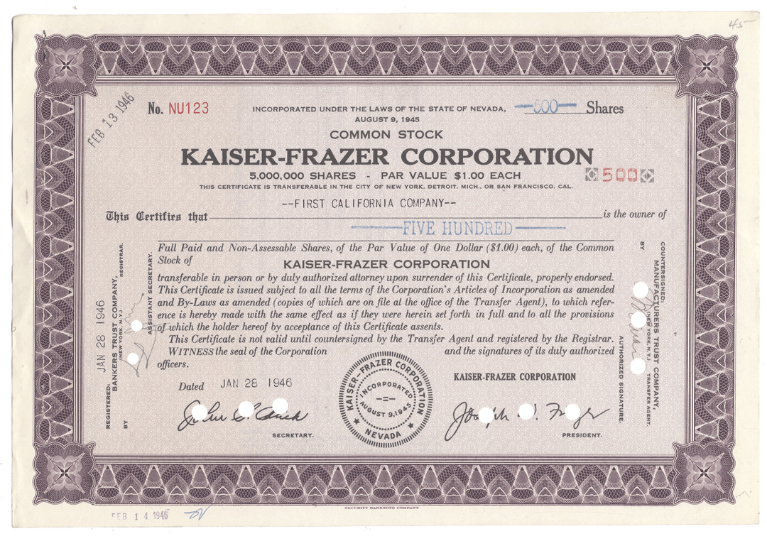 Kaiser-Frazer Corporation Stock Certificate