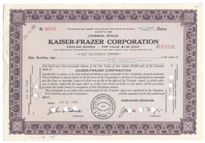 Kaiser-Frazer Corporation Stock Certificate