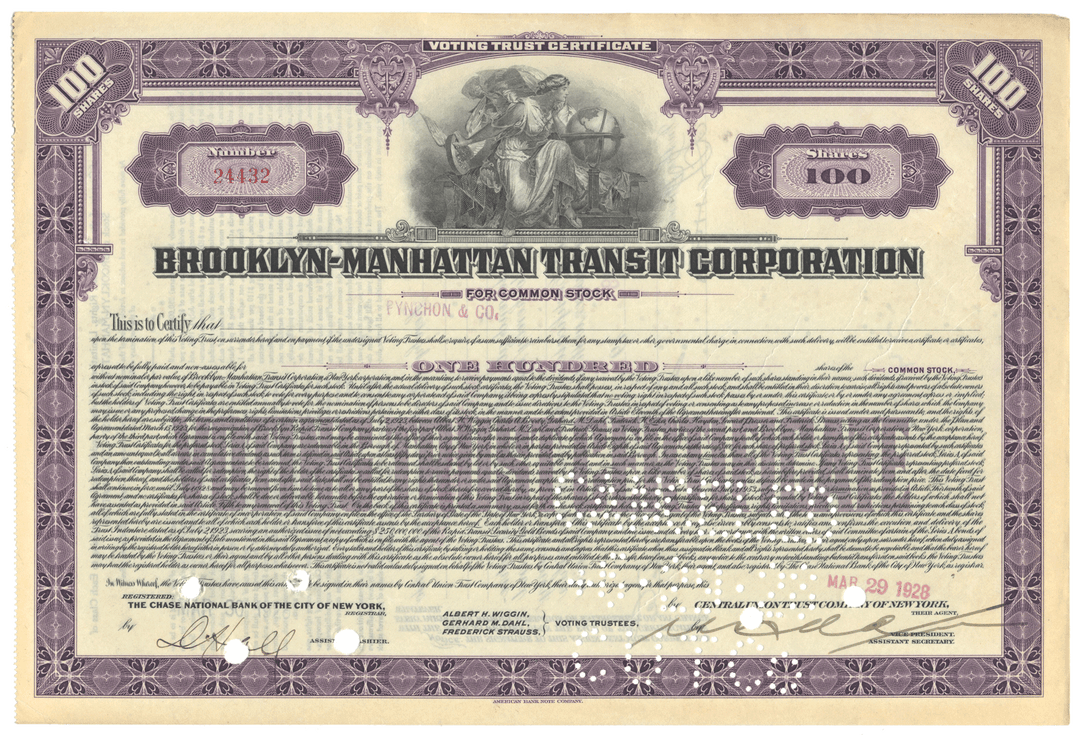 Brooklyn-Manhattan Transit Corporation stock certificate with purple border and text.