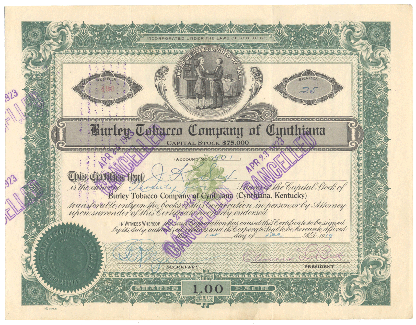 Burley Tobacco Company of Cynthiana Stock Certificate