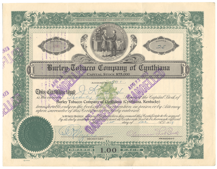 Burley Tobacco Company of Cynthiana Stock Certificate