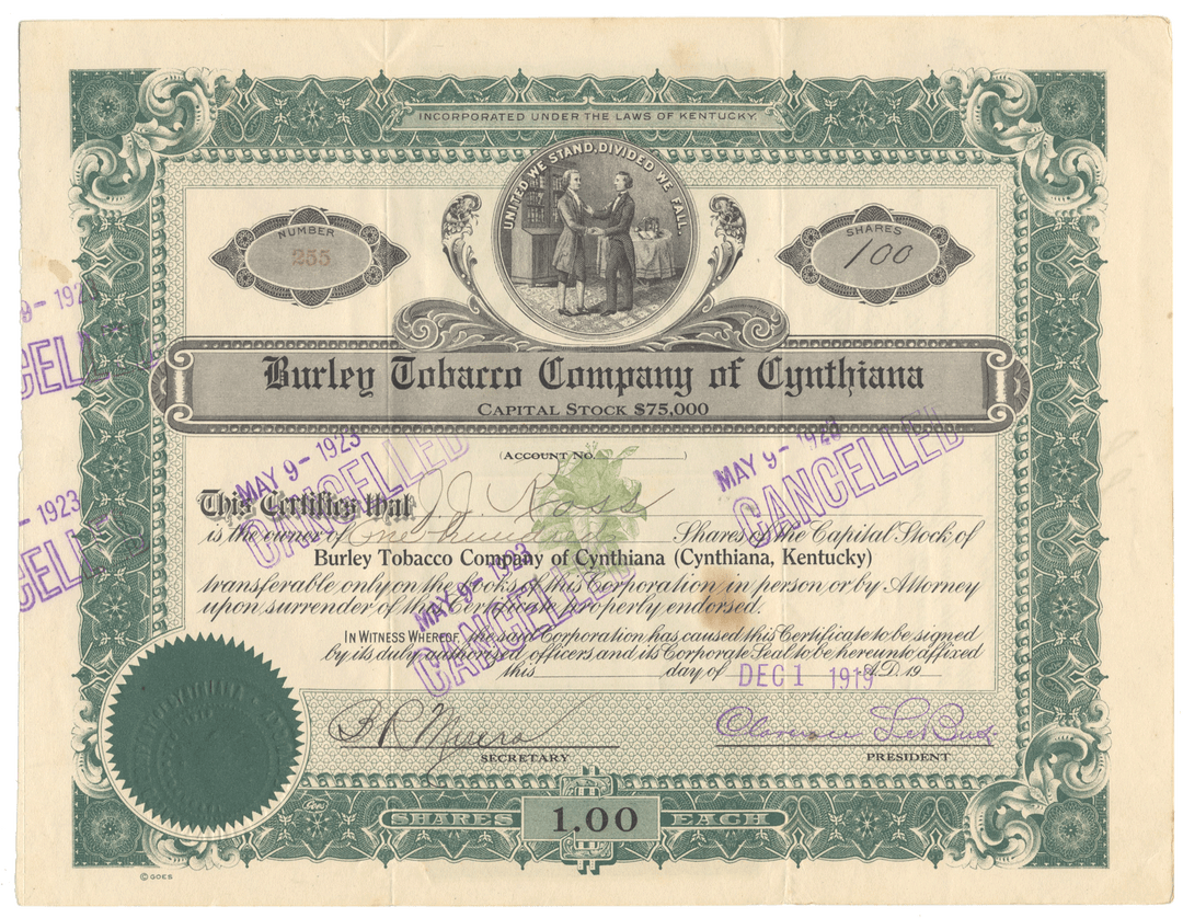 Burley Tobacco Company of Cynthiana stock certificate with decorative elements