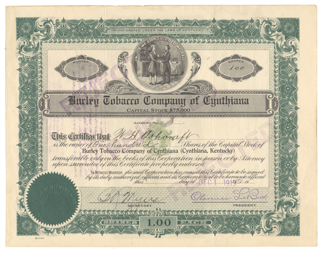 Burley Tobacco Company of Cynthiana stock certificate with decorative elements