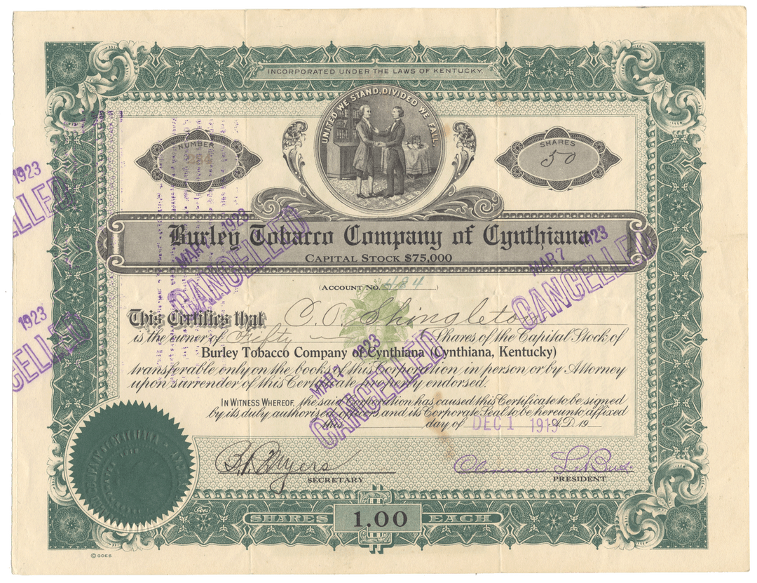 Vintage stock certificate from the Burley Tobacco Company of Cynthiana, with decorative elements and text.