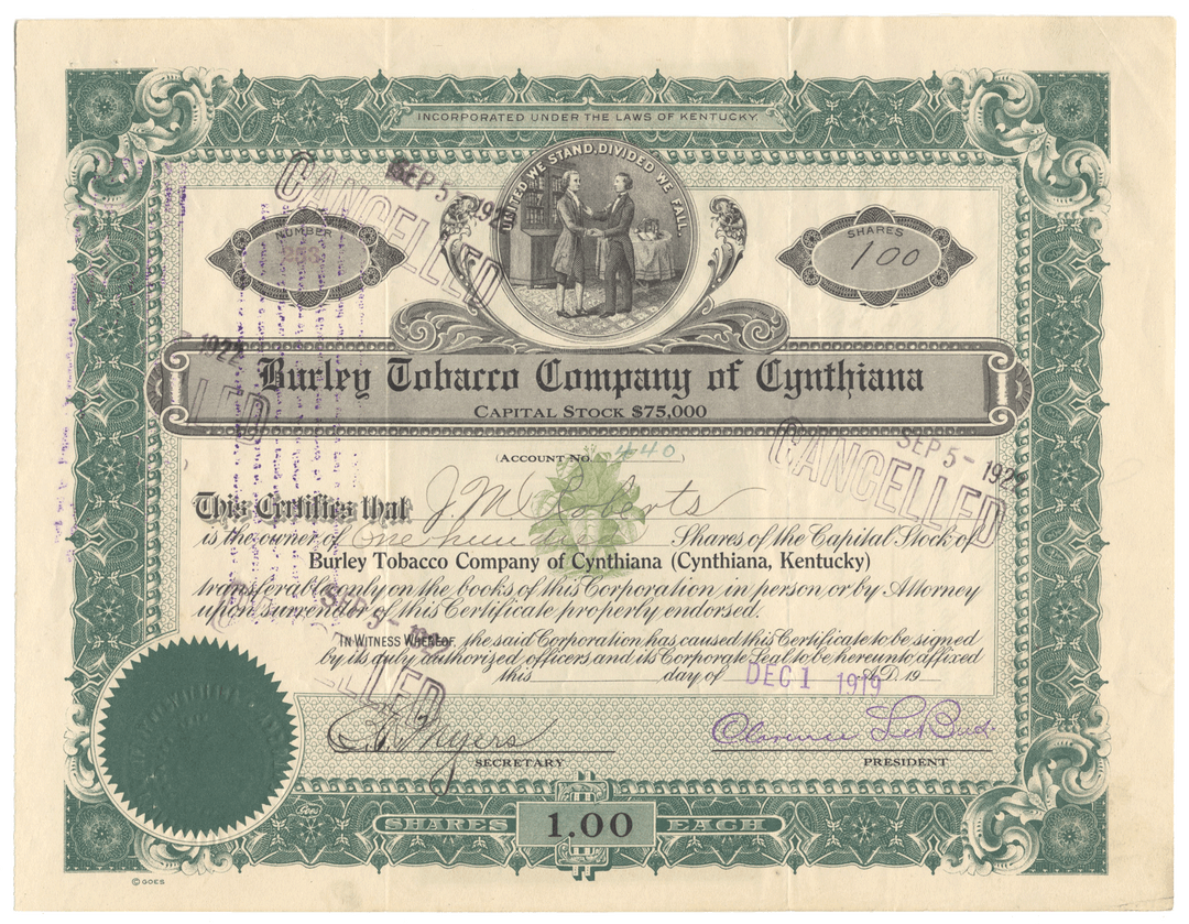 Vintage stock certificate from the Barley Tobacco Company of Cynthiana, Kentucky