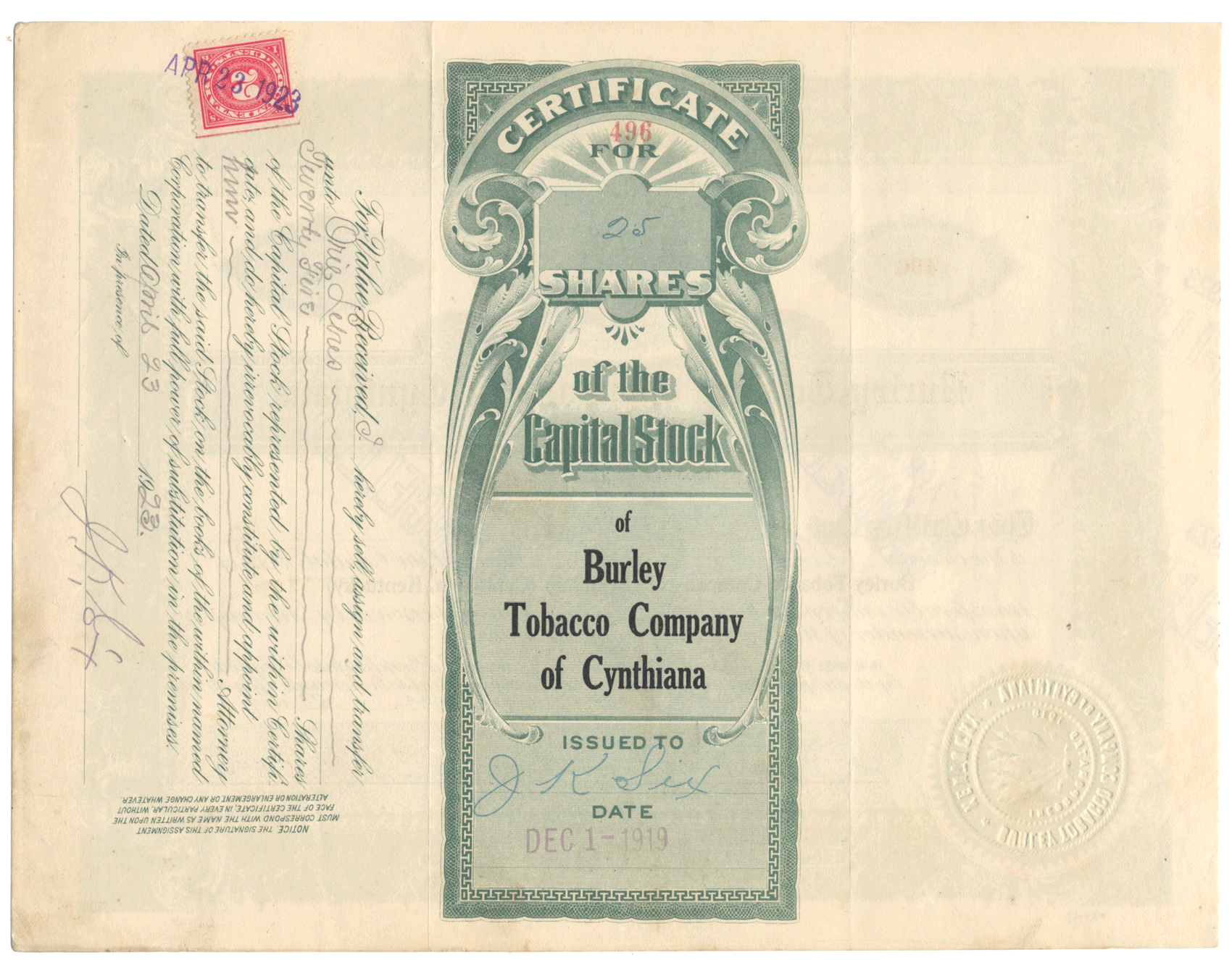 Burley Tobacco Company of Cynthiana Stock Certificate