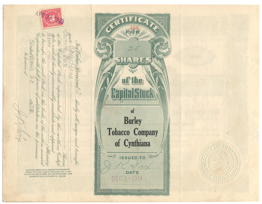 Burley Tobacco Company of Cynthiana Stock Certificate