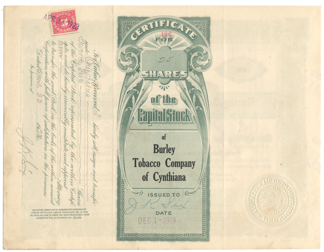 Burley Tobacco Company of Cynthiana Stock Certificate