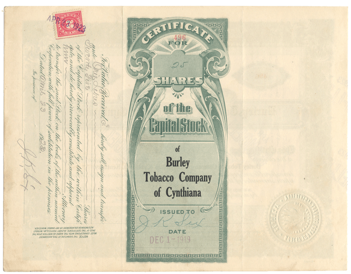 Burley Tobacco Company of Cynthiana Stock Certificate