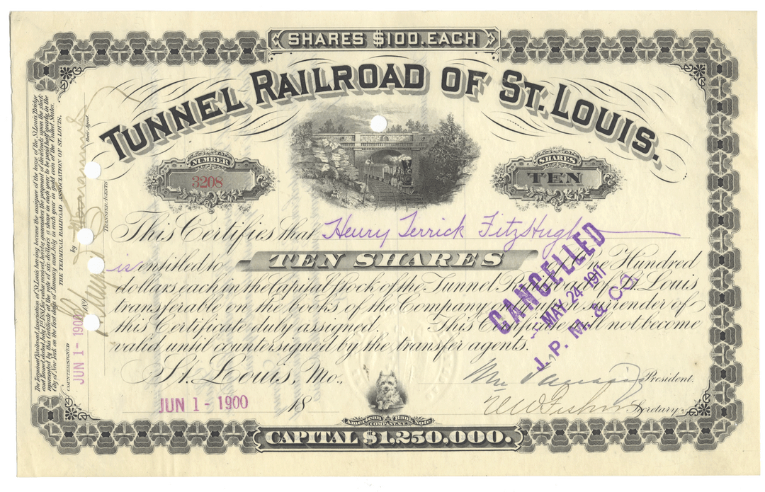 Historical stock certificate for Tunnel Railroad of St. Louis with decorative elements and text.