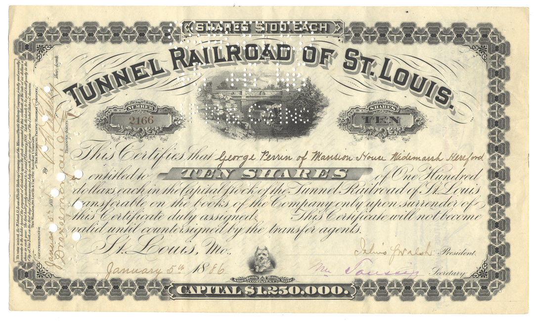 Vintage Tunnel Railroad of St. Louis stock certificaate from 1886