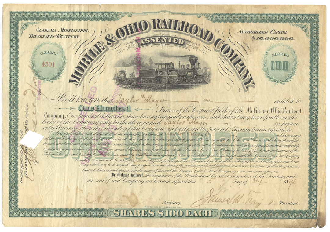 Historical stock certificate of the Mobile & Ohio Railroad Company with text and graphics.